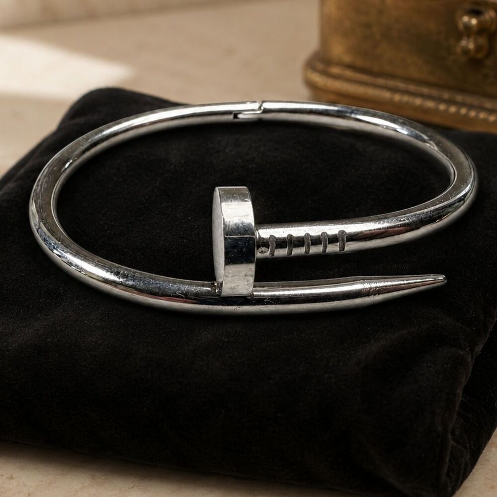 Silver Tone Bent Nail Bangle Bracelet Hinged Minimalist Statement Jewelry
